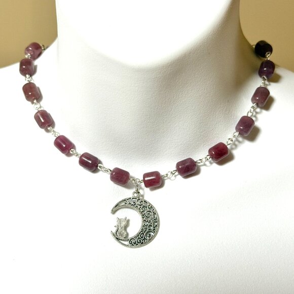 Genuine Magenta Chalcedony Short Necklace, Gemstone & Cat on the Moon Charm - Picture 2 of 14